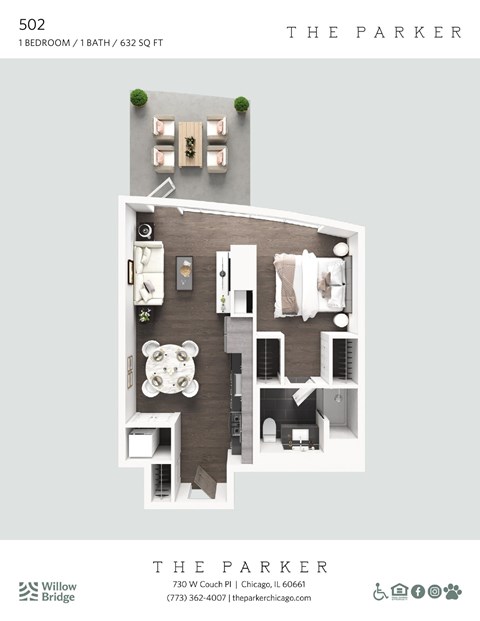 Floor plan for 1 bed, 1 bath, 639 sqft